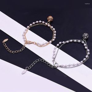 Charm Bracelets Fashion Bangles Vintage Double Layer Simulado Pearl Beads Bracelet For Women Girls Crystal Ball Jewelry Gift