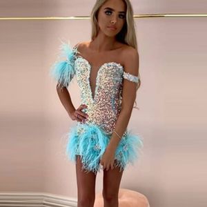 Urban Sexy Dresses Sparkly Sequined Short Cocktail Off The Shoulder Sweetheart Sky Blue Feathers Sheath Mini Party Dress Birthday Gowns 230705