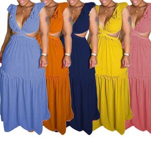 Yaz fırfır plaj elbiseleri kadınlar seksi hallow dışarı kolsuz uzun elbiseler ücretsiz gemi
