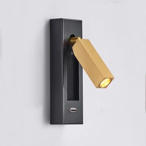 Lampada da parete a Led Applique con interruttore Porta USB creativa in ottone nero Lettura Faretto 3W per comodino camera da letto