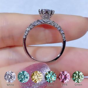 Cluster Rings Retro Design Moissanite Ring Size 6.5mm 1CT Color Blue Pink Yellow Green Cyan Not Adjustable S925 Silver Diamonds Wedding