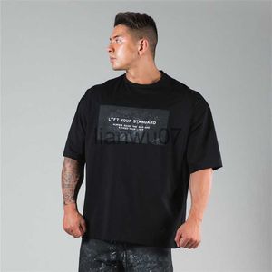 メンズ Tシャツ 夏新メンズ ブランド コットン ルーズ フィットネス Tシャツ メンズ ジム トレーニング 吸汗性 スポーツ 半袖 カジュアル ブラック トップス J230705