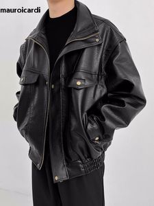 Herrenjacken Mauroicardi Frühling Herbst Übergroße coole schwarze Kunstleder-Bomberjacke Männer Drop Shoulder Langarm Unisex-Kleidung 2023 230705