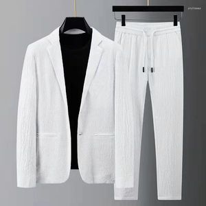 Conjuntos de agasalhos masculinos calças com cordão e blazers agasalho primavera outono plissado ternos casuais roupas formais preto branco botão único