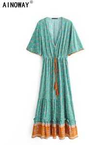 Klänningar vintage chic mode kvinnor blommor tryck vneck rayon bomull bohemiska maxi klänningar damer v nack tassel sommar strand boho klänning