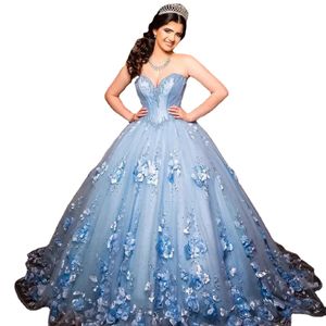 Light Blue Quinceanera Dress Princess Ball Gown Sweetheart Sleeveless 3D Flowers Beads Party Sweet 16 Vestidos De 15 Anos