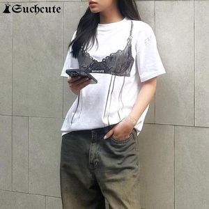 T-shirty damskie SUCHCUTE czarny Y2K Streetwear biały T-shirt z grafiką damski swetry koronkowy biustonosz list drukuj Jerseis gotyckie letnie krótkie