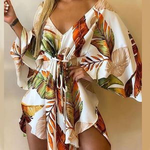 Elbiseler Kadın Boho Mini Elbise Yaz Plajı Tatil Dantel Yukarı Düğmesi Batwing Sleeve Elbiseler Seksi Yaprak Baskı Düzensiz Vneck Gevşek Elbiseler