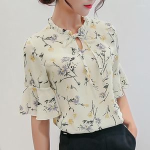 Women's Blouses Summer Office Lady Bottom Shirt Women Flowers Print Fashionable Short Sleeve Casual Chiffon Shirts Ruffle Blouse Gothic