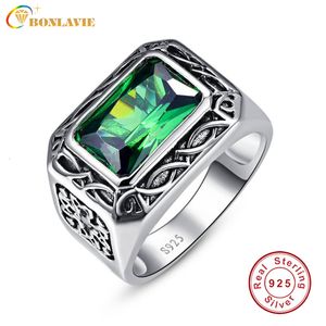 Z kamieniami bocznymi BONLAVIE Fine 6 8Ct Emerald Men Ring Solid 925 Sterling Sliver biżuteria zaręczynowy ślub dla rozmiaru 6 14 230704