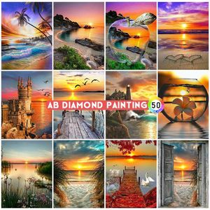 Cortinas ab pintura diamante 5d paisagem cruz kits bordado pôr do sol mosaico arte kits seaside strass decoração de casa completa diy