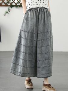 Skirts Summer Loose Spliced Thin Denim Skirt 2023 Women Retro Elastic Waist Drawstring Casual