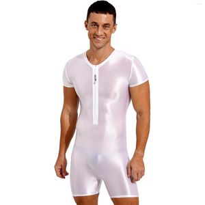 Costumi da bagno da donna Costume da bagno intero da uomo Tuta in tinta unita lucida Girocollo elasticizzato Bodybuilding Fitness Manica corta Cerniera