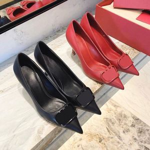 Brand new metal buckle pointed toe stiletto high heels women's black 8cm shallow tone single shoes