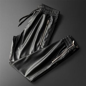 Calça de couro de thoshine masculino de couro superior cintura elástica de gente com zíper bolsos de zíper calças de couro faux calça lápis 201281k
