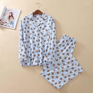 Pijama feminino outono e inverno feminino conjunto de pijama de algodão cheio de desenhos animados filhote de cachorro estampado senhoras azul claro gola virada para baixo roupa de casa