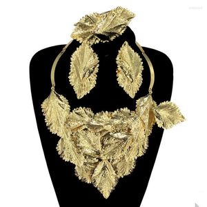 Colar Brincos Conjunto de Jóias Africanas Para Mulheres Brasileiras Banhado a Ouro Enorme Estilo Folha Fino Luxo Qualidade Jantar de Casamento FHK14220