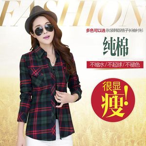 Kvinnors blusar Kvinnors Autumn Blue Shirt Fashion Flanell Long Sleeve Plaid Office Lady Cotton Tops Kvinnliga skjortor plus 5xl