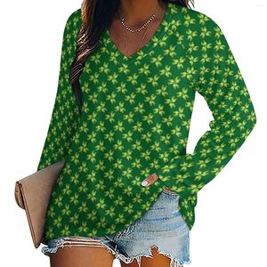 Camisetas Femininas Shamrock Three Leaf T-Shirt St Patricks Day Kawaii Manga Longa Mulher Decote em V Camiseta Casual Design Grande Roupas