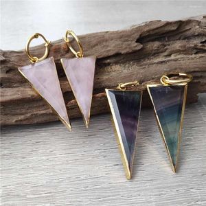 Dangle Earrings FUWO Natural Gemstones Triangle Shaped Gold Color Handmade Fluorite Amethyst Point Hoop Earring ER430M 5Pairs/Lot