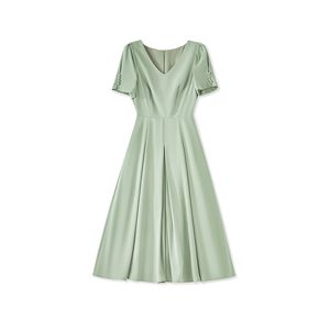 2023 Summer GreenSolid Color Dress Short Sleeve V-Neck Buttons Midi Casual Dresses W3L043609