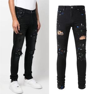 Painted Denim Jeans Distressed Rip Vintage Black Stretch Cotton Slim Fit Leg Trousers For Men281W