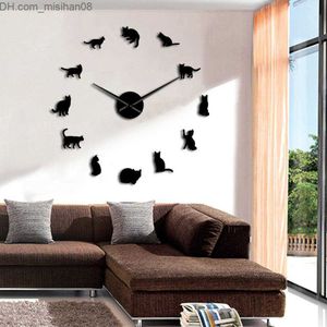 Relógios de parede Silhueta de gatos sem moldura Relógio de arte de parede Gatinhos 3D Faça você mesmo Relógio de parede Brincalhão Forma de gato Agulhas grandes Kit de decoração para quarto de menina 201202 Z230705