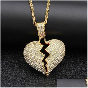 Colares com pingente Iced Out Broken Love Heart Colar Bling Crystal Strass Charm Gold Sier Tennis Chains For Women Men Hip Hop J Dhhwo