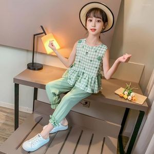 Kleidungssets 4-12 Jahre Mädchen Eleganter Anzug Sommer Koreanische Mode Lässige Qualität Ärmelloses Plaid Top Geerntete Hose 2-teilig Für Kinder Teenager