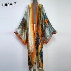 Cover-up Winyi 2022 Summer Women Cardigan Tail Sexig Böhmen African Holiday Batwing Sleeve Silk Feeling Robe Kimono Kaftan