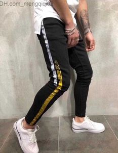 Herrjeans Helt nya Jeans Herr Herr Designer Skinny Ripped Yellow Red Stripes Byxor Herr Stretch Slim Biker Jeans Z230706