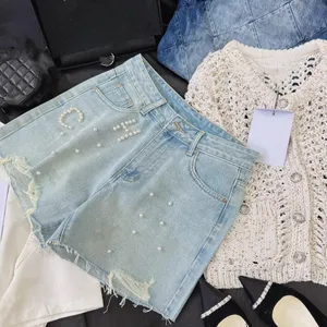 2023 High Quality Fashion Women's Jeans Fashion Clothing Sexy American Flag Print Broken Hole Washed Pants A Row of Button Denim Shorts F2