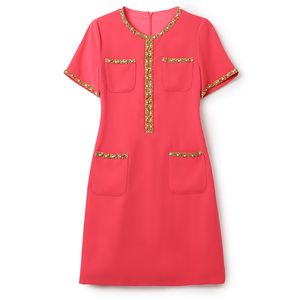 2023 Summer Red Solid Color BeadedDress Short Sleeve Round Neck Knee-Length Casual Dresses W3L041005