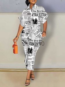 فساتين غير رسمية مكتب أزياء الصحيفة طباعة فساتين طويلة ضئيلة للنساء الأنيقة المنعطف من طوق الدانتيب فستان الصيف القميص القميص القميص J230705