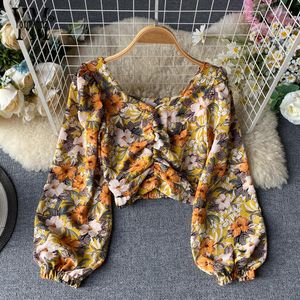 Kadın bluzları yornmona Kore moda vintage kare yaka çiçek şifon bluz 2023 ilkbahar yaz kadınlar kısa üst gömlek dantelli mahsul