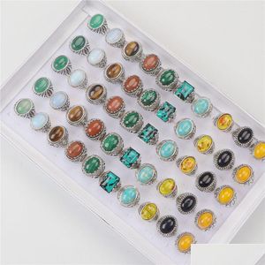 Bandringe 20 stücke Männer Vintage Mticolor Mix Naturstein Achat Malachit Tigerauge Silber Farbe Ring für Frauen Modeschmuck Party Dro DH2UH