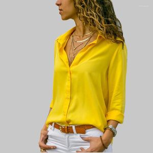 Bluzki damskie Żółta koszula z długim rękawem Podstawowy przycisk sprzedaży Solidna wiosna Lato Kobieta Szyfon Kobieta Szczupła odzież Bluzka Kobiety Plus rozmiar