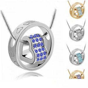 Kolye Kolyeleri Lüks Kristal Kalp Avusturya Rhinestone ve Ring Altın Sier Zincir Kolye Kadınlar Moda Takı Drop de DHBFP