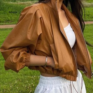 Women's Jackets Solid Punk Pu Leather Cropped Coat Zipper Loose Fashion Casual Outerwear Vintage Women Autumn Tops Cute