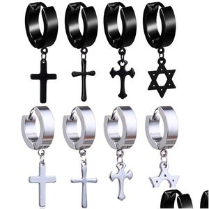 Dangle Chandelier Stainless Steel Cross Star Fake Piercing Earrings Men Hypoallergenic Non-Piercing Clip On Hoop For Women Punk Je Dhrl4