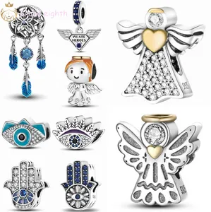 For pandora charms sterling silver beads Bracelet Angel Wings Feather Devils Eye charmes ciondoli DIY