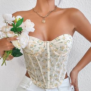 Women's Tanks Floral Print Semi-Sheer Lace Up Bandeau Corset Tank Top