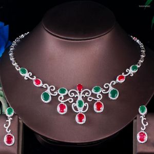 Necklace Earrings Set ThreeGraces Unique Green Red Cubic Zirconia Stone Dubai Nigerian Bridal CZ And Jewelry For Women TZ859