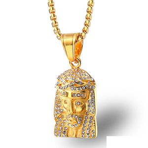 Collane con ciondolo Hip Hop Collana con Gesù per uomo Iced Out Bling Head Catene d'oro Moda Religione Fede Gioielli Regalo Drop Del Dhuxh