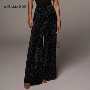 Women's Pants Capris ANJAMANOR Sexy Glitter Loose Wide Leg Pants Women High Waist Baggy Dress Pants Elegant Black Trousers 2023 D36-BH32 J230705