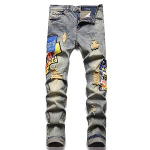 Jeans da uomo blu retrò Summer Street Pantaloni con foro strappato Stampa Patch Pantalones Para Hombre Vaqueros3298