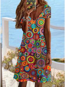 الفساتين غير الرسمية للنساء فستان Sundress Summer Print v Vick Mini Fashion Fashion في الهواء الطلق اليومية قصيرة الأكمام العادية