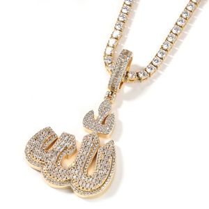 Arabic Symbol Pendant Necklace White Zircon Real Gold Plated Mens Jewelry Gift