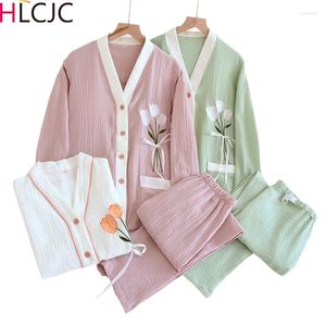 Pijama feminino tamanho grande 4XL primavera e verão japonês quimono terno feminino algodão crepe calças de manga comprida pijamas para mulheres de duas peças