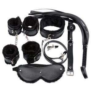 Conjunto de fantasias femininas 7 peças Conjunto sexy de couro PU de pelúcia Fetish Sex Bondage Roupa íntima erótica com algema grampos de mamilo Gag Whip248D